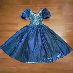 VTG Mike Benet Formals Blue Puff Sleeve Sweetheart Ribbon Prom Dress Size XS